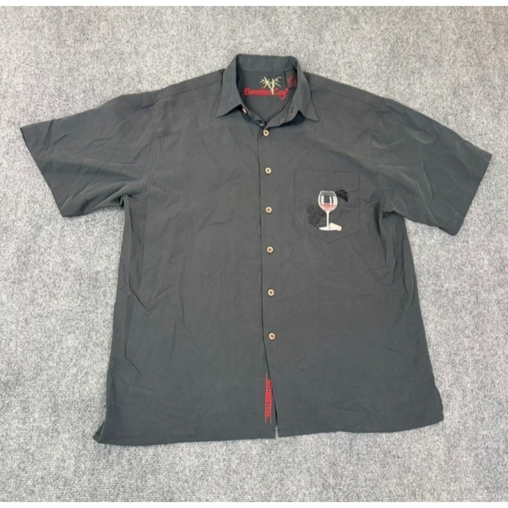 Bamboo Cay Black Modal Shirt Button-Up Unwined Embroidered Short Sleeve Size M